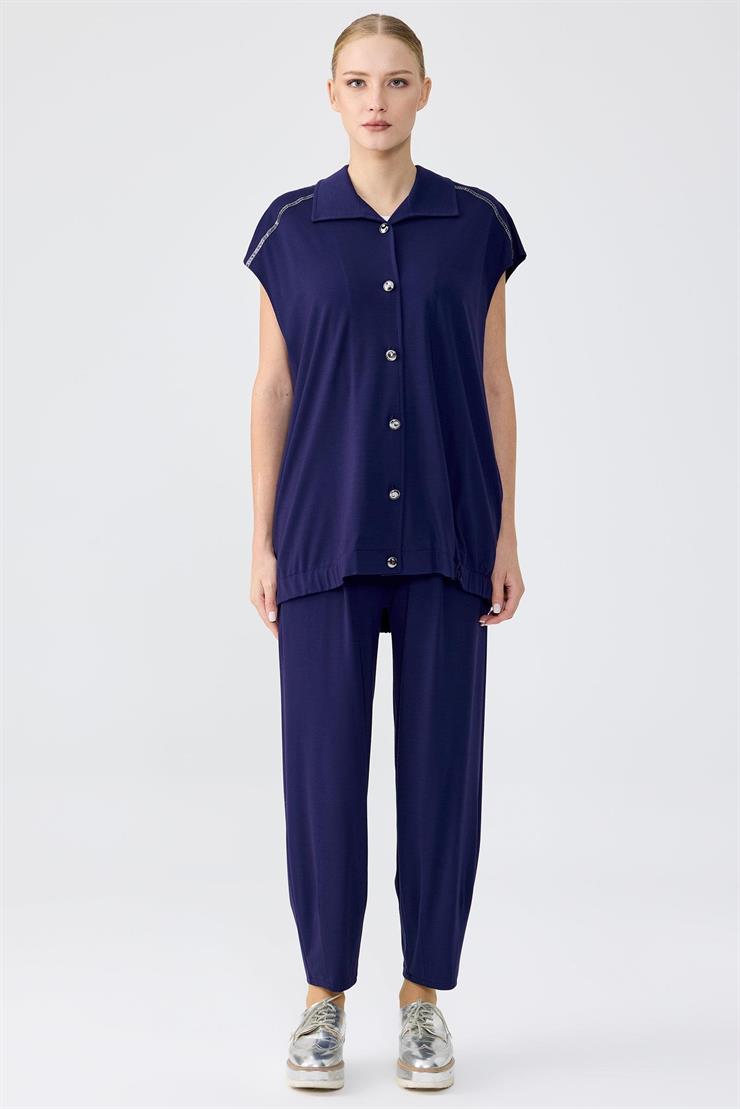 Pul şerit Detaylı Yelek Paça Pensli Pantolon Takım LACİVERT