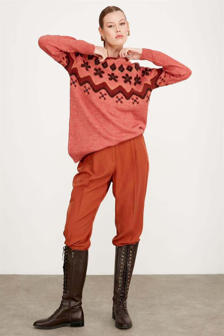 ROBASI DESEN DETAYLI İŞLEMELİ TRİKO TUNİK GÜL KURUSU