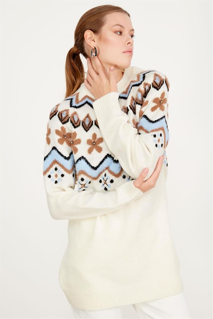 ROBASI DESEN DETAYLI İŞLEMELİ TRİKO TUNİK EKRU