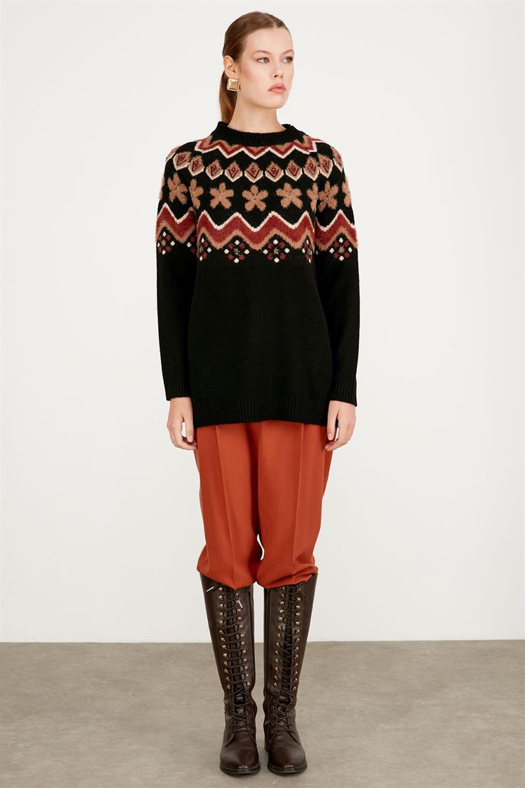 ROBASI DESEN DETAYLI İŞLEMELİ TRİKO TUNİK SİYAH