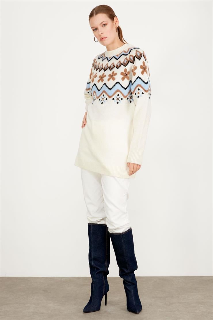 ROBASI DESEN DETAYLI İŞLEMELİ TRİKO TUNİK EKRU