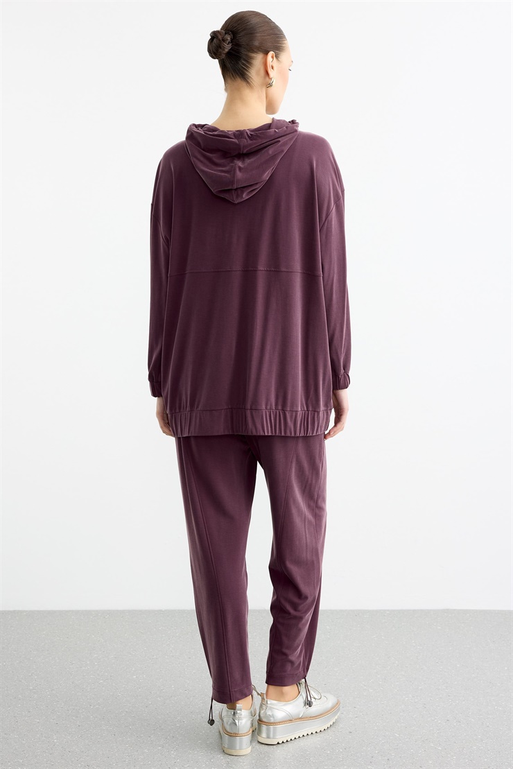 Rahat Kesim Kapüşonlu Metal Taşlı Üst Ve Pantolon Takım BORDO