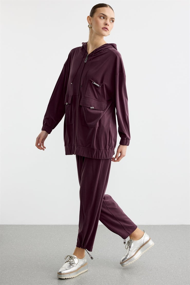Rahat Kesim Kapüşonlu Metal Taşlı Üst Ve Pantolon Takım BORDO