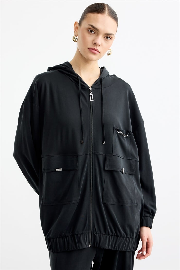 Rahat Kesim Kapüşonlu Metal Taşlı Üst Ve Pantolon Takım SİYAH