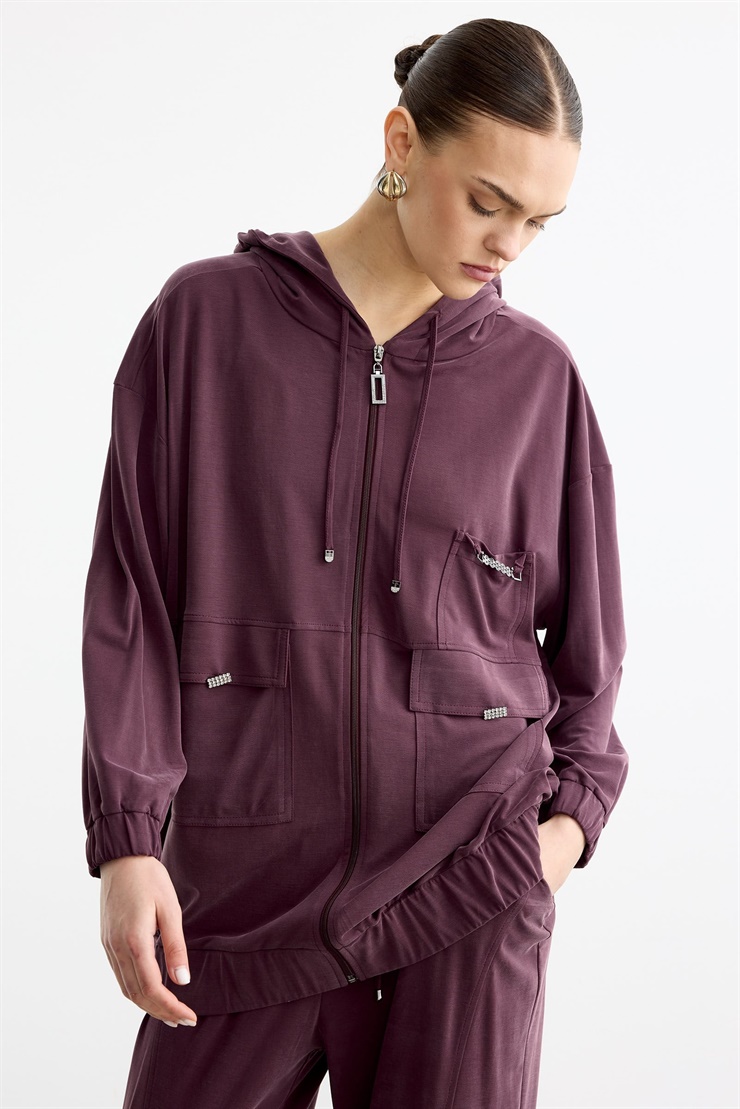 Rahat Kesim Kapüşonlu Metal Taşlı Üst Ve Pantolon Takım BORDO