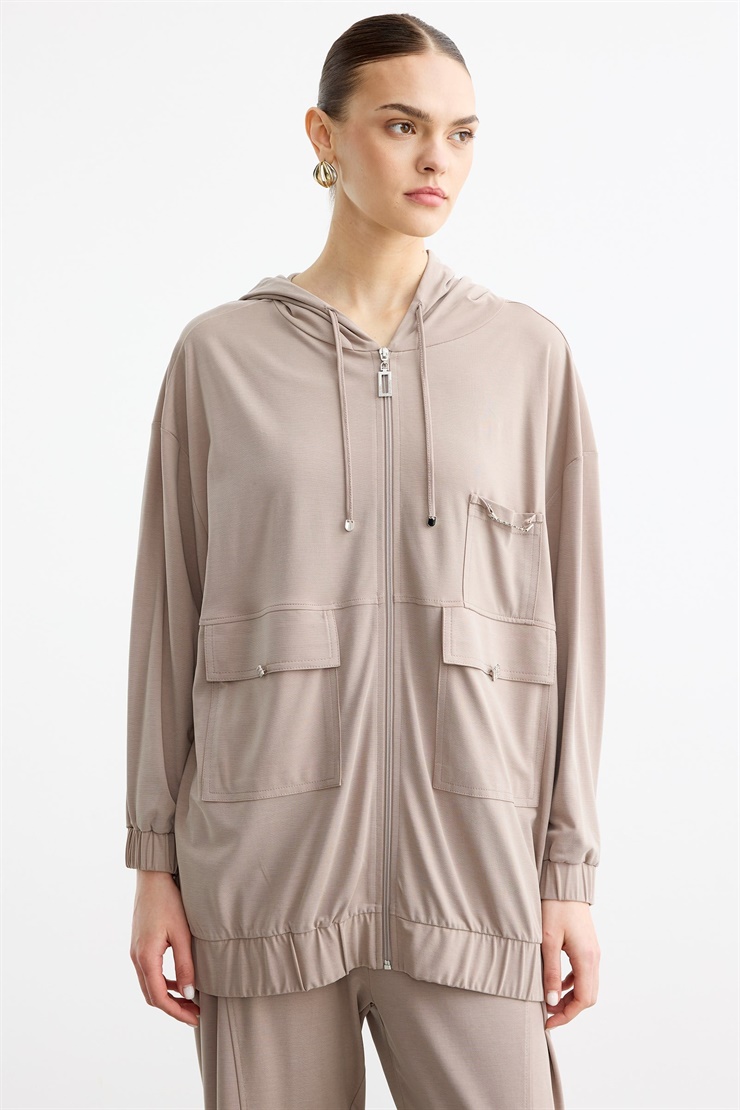 Rahat Kesim Kapüşonlu Metal Taşlı Üst Ve Pantolon Takım BEJ