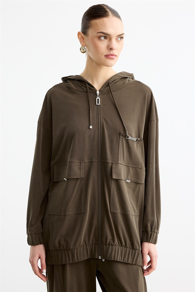 Rahat Kesim Kapüşonlu Metal Taşlı Üst Ve Pantolon Takım KAHVE