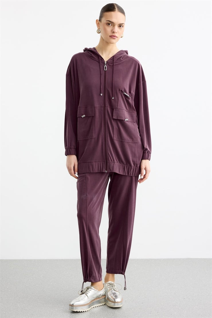 Rahat Kesim Kapüşonlu Metal Taşlı Üst Ve Pantolon Takım BORDO