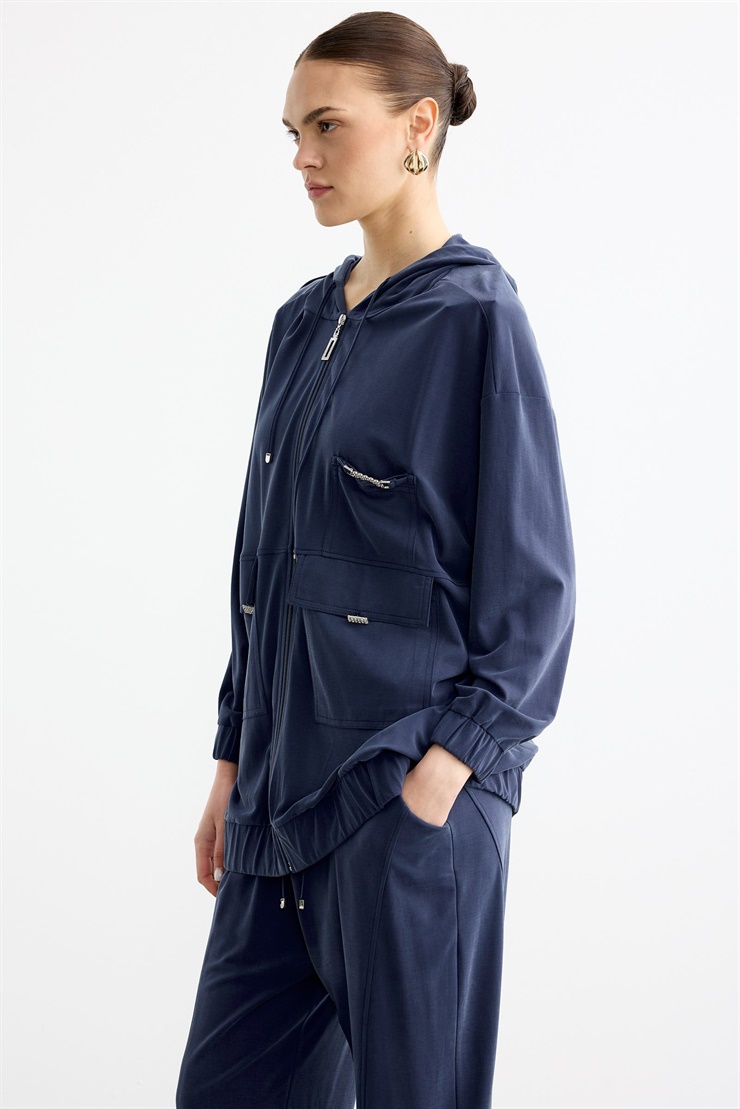 Rahat Kesim Kapüşonlu Metal Taşlı Üst Ve Pantolon Takım LACİVERT