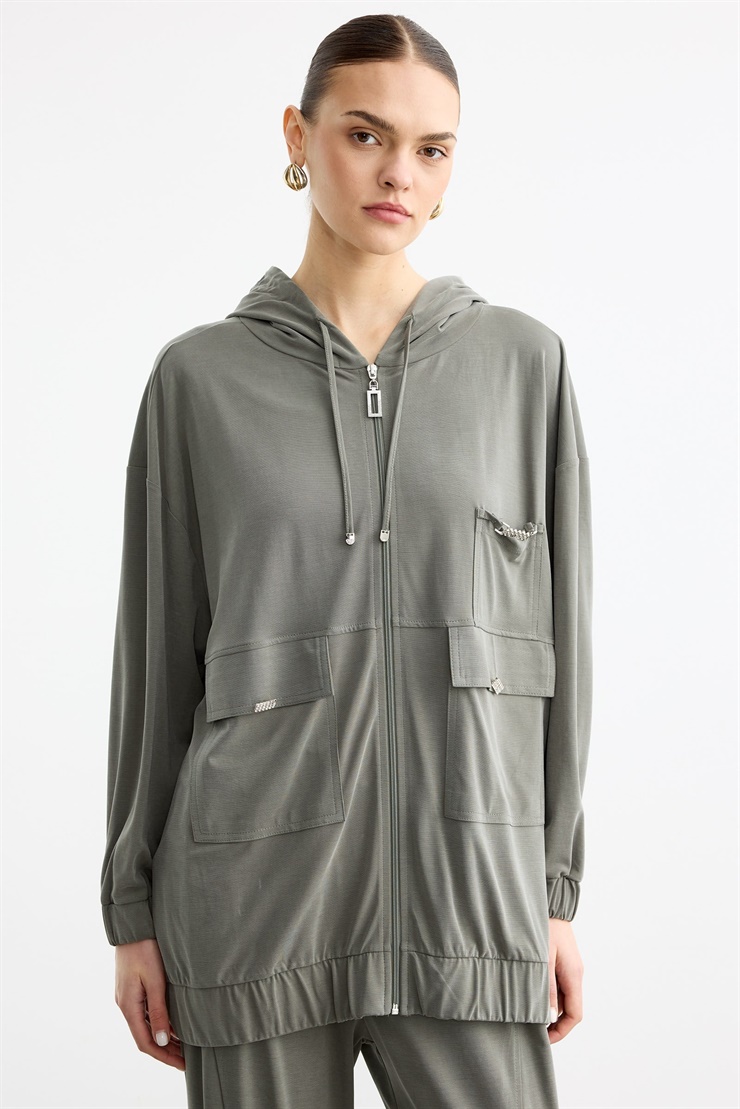 Rahat Kesim Kapüşonlu Metal Taşlı Üst Ve Pantolon Takım YEŞİL