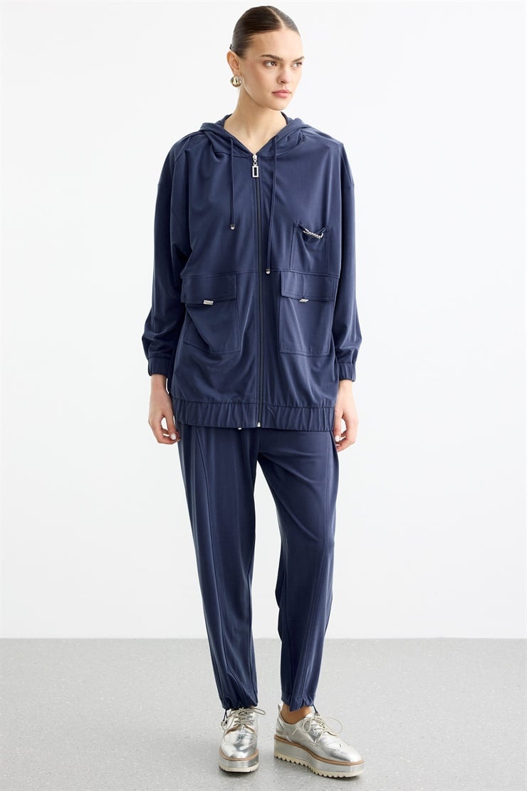 Rahat Kesim Kapüşonlu Metal Taşlı Üst Ve Pantolon Takım LACİVERT