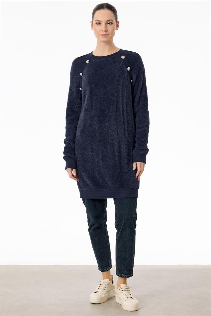 Reglan Kollu Düğme Detaylı Mink Tunik LACİVERT