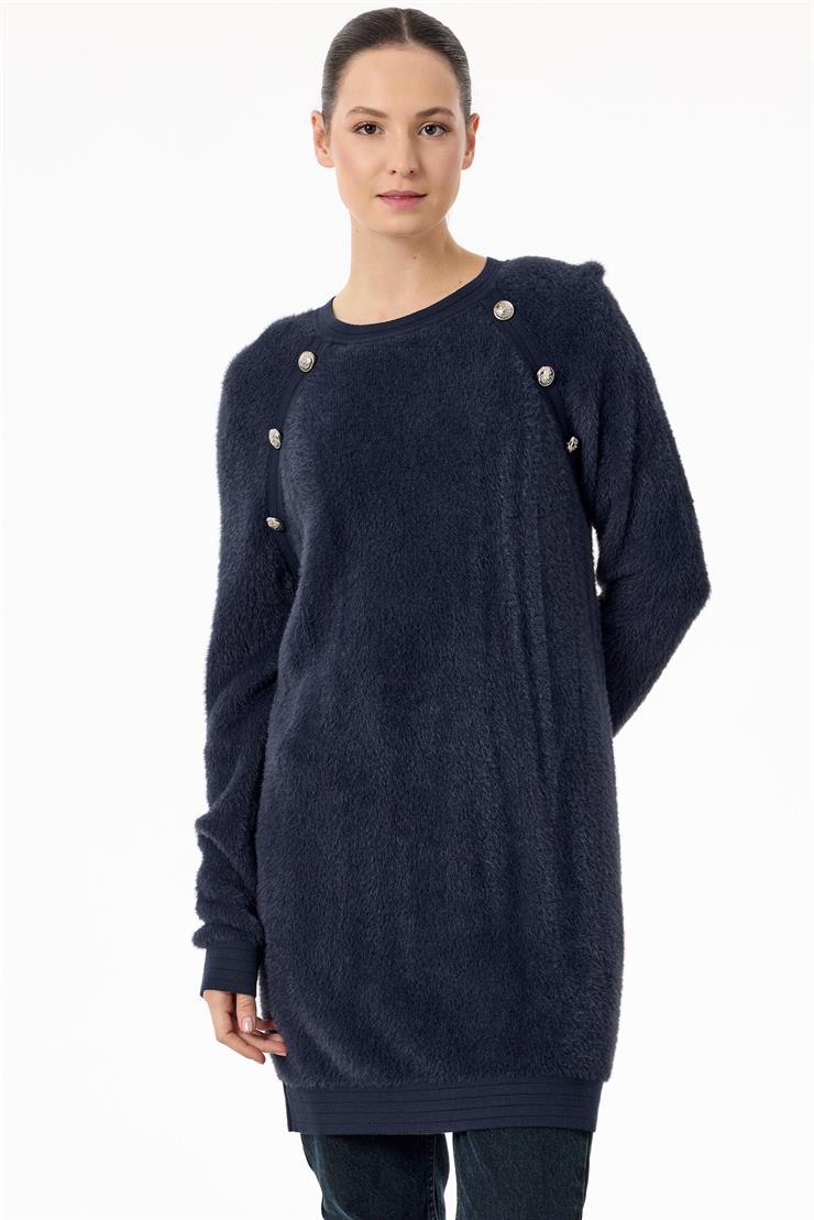 Reglan Kollu Düğme Detaylı Mink Tunik LACİVERT