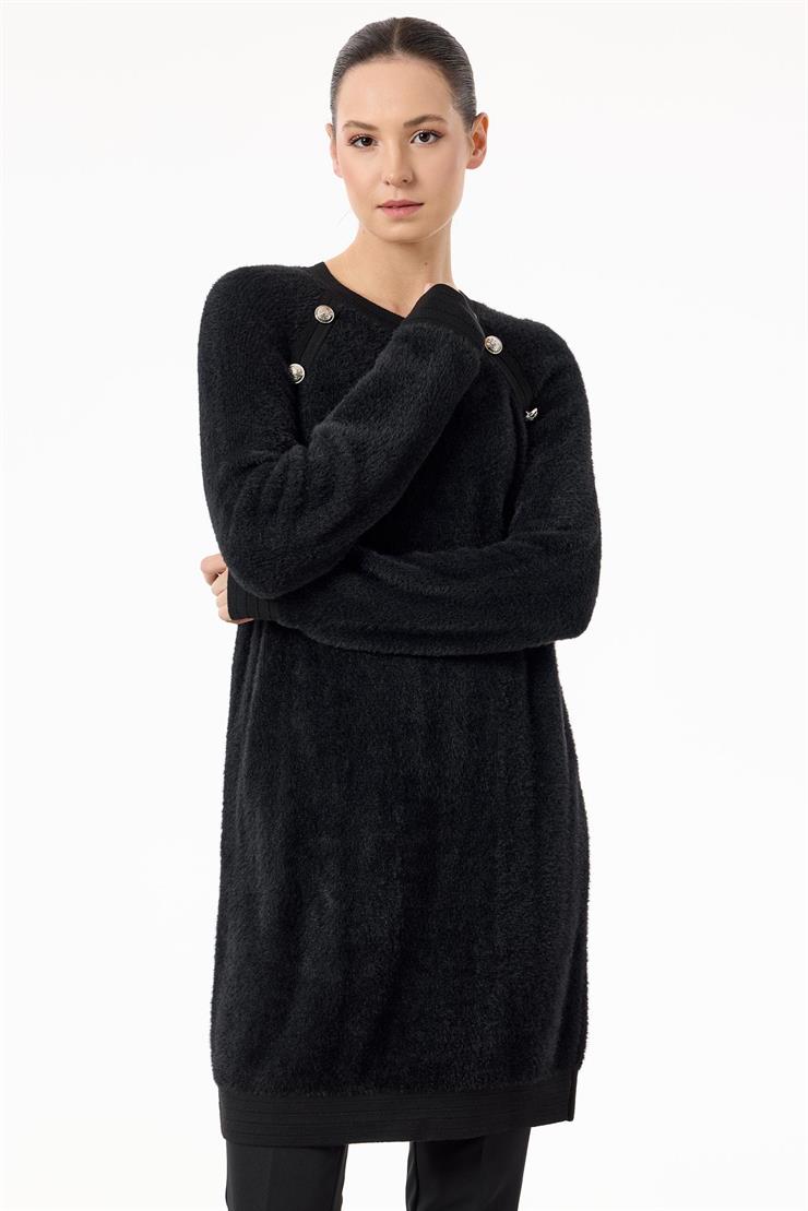 Reglan Kollu Düğme Detaylı Mink Tunik SİYAH