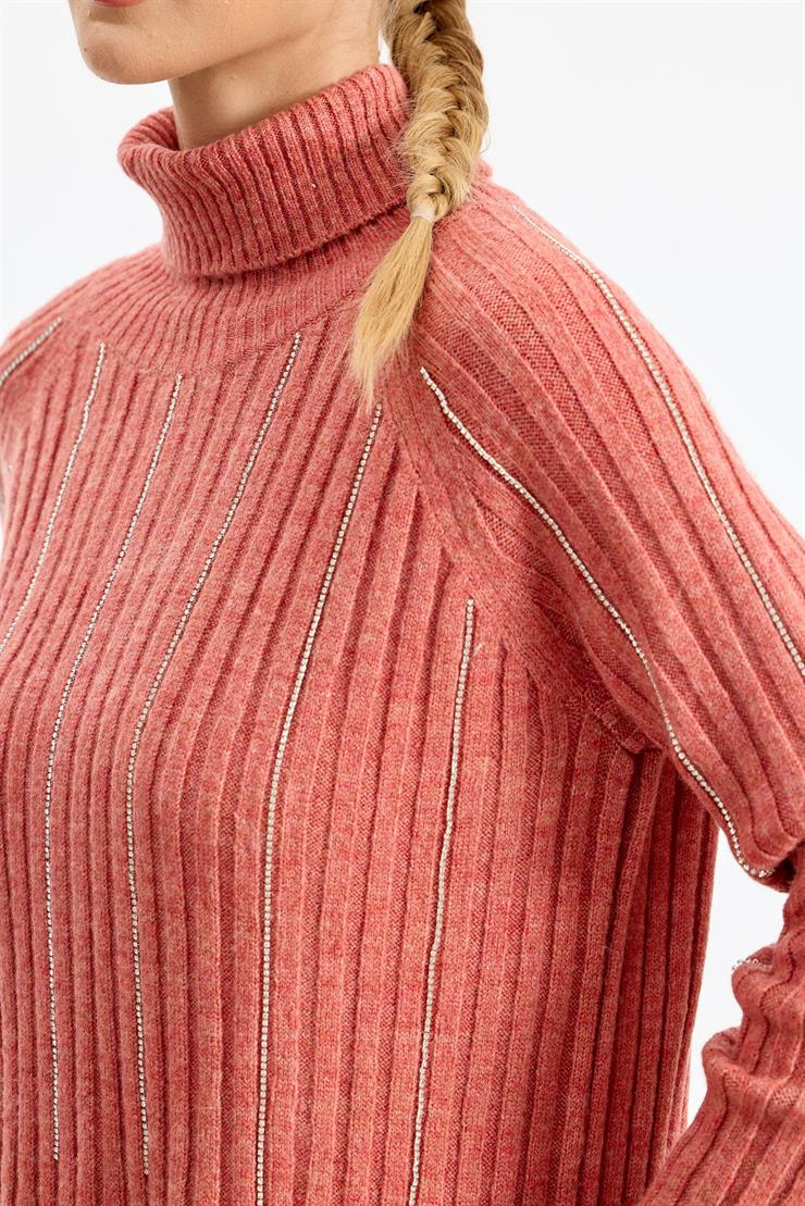 Reglan Kollu Fitilli Triko Tunik GÜL KURUSU