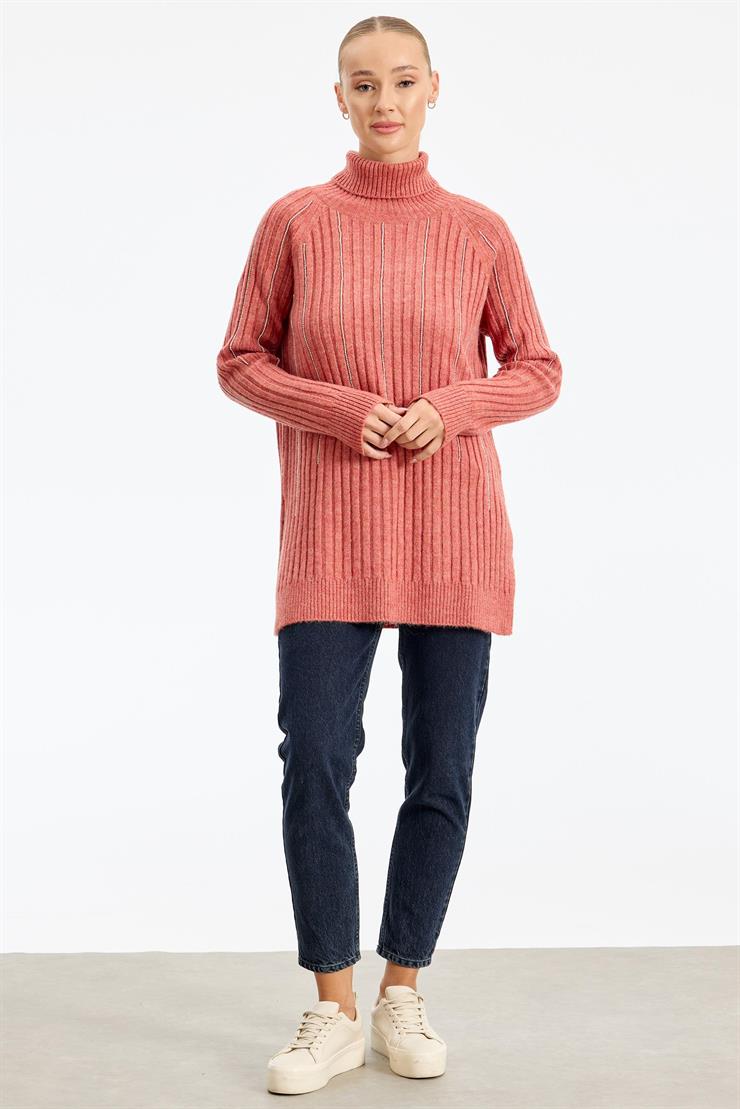 Reglan Kollu Fitilli Triko Tunik GÜL KURUSU