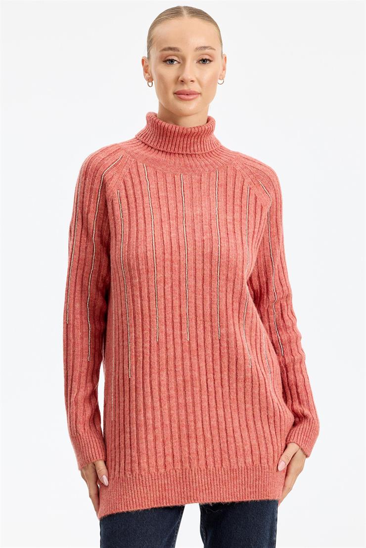 Reglan Kollu Fitilli Triko Tunik GÜL KURUSU