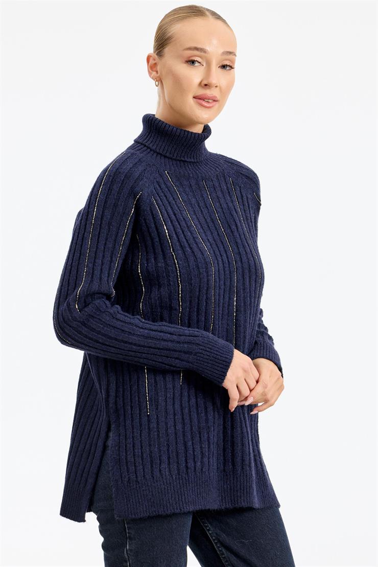 Reglan Kollu Fitilli Triko Tunik LACİVERT