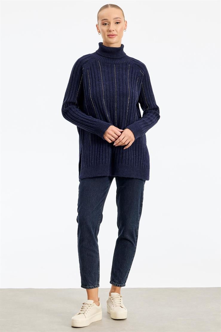 Reglan Kollu Fitilli Triko Tunik LACİVERT