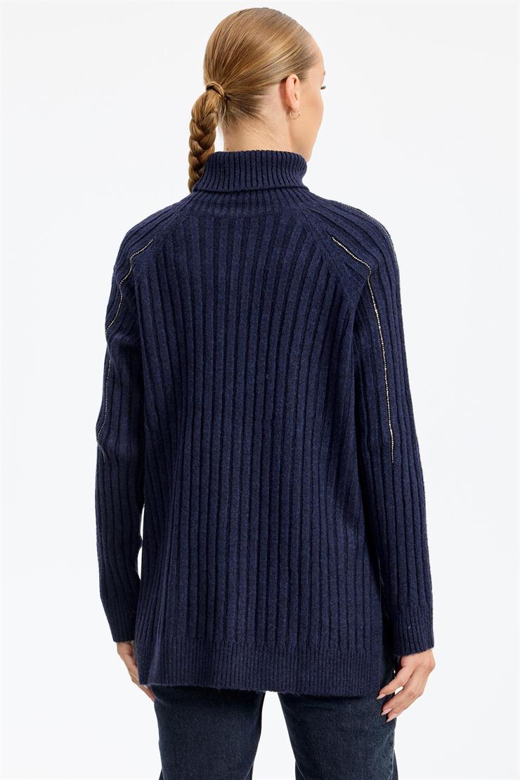 Reglan Kollu Fitilli Triko Tunik LACİVERT