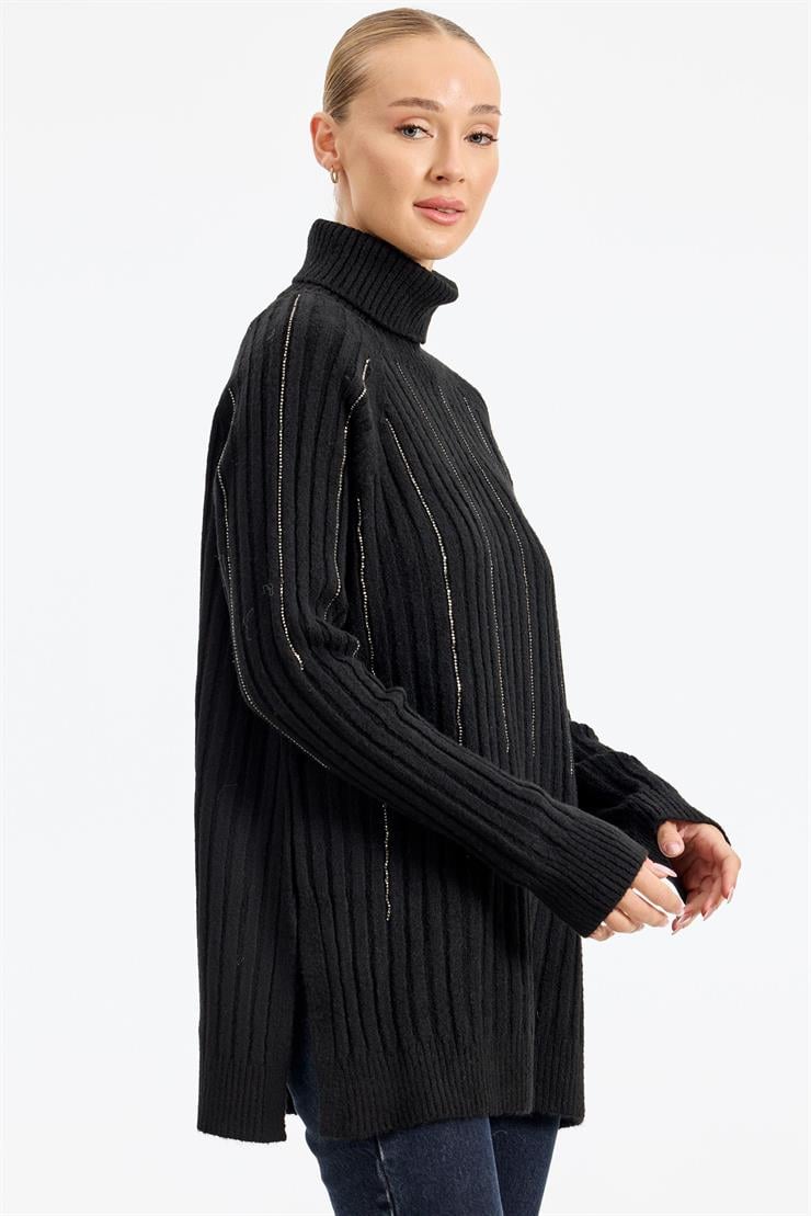Reglan Kollu Fitilli Triko Tunik SİYAH