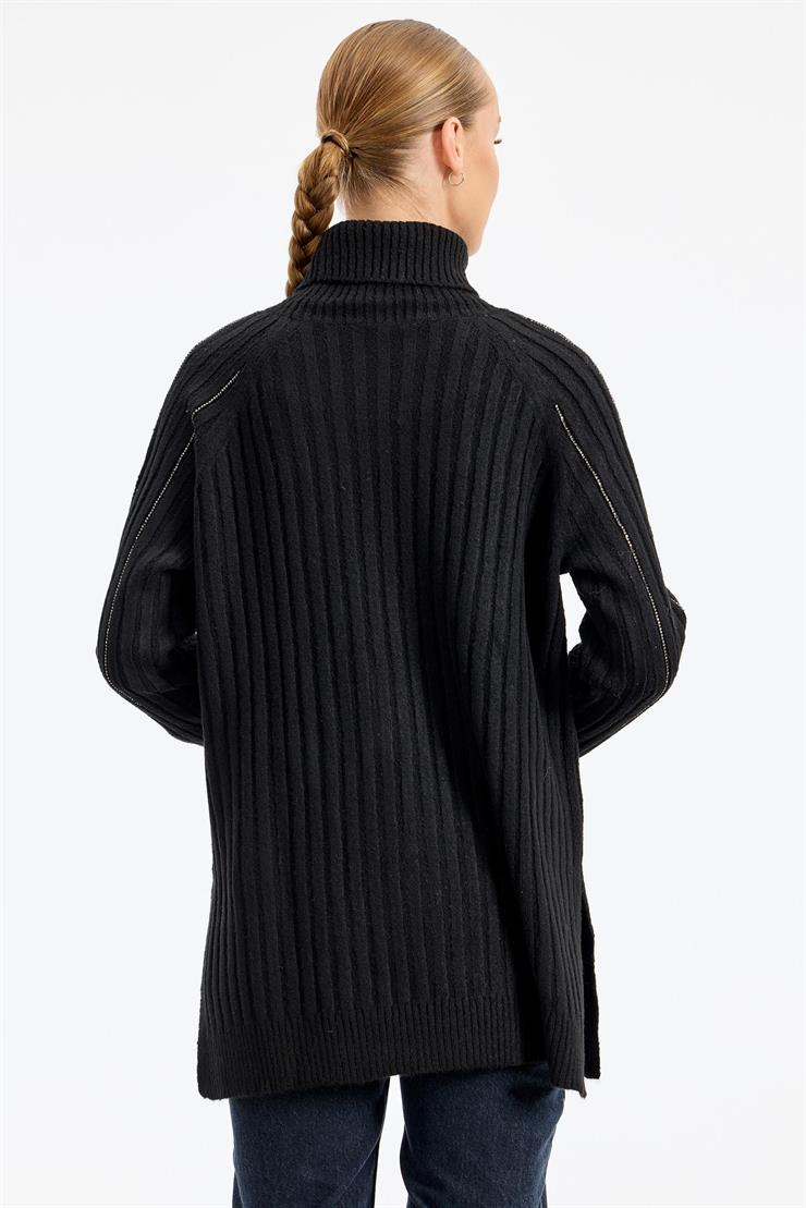 Reglan Kollu Fitilli Triko Tunik SİYAH