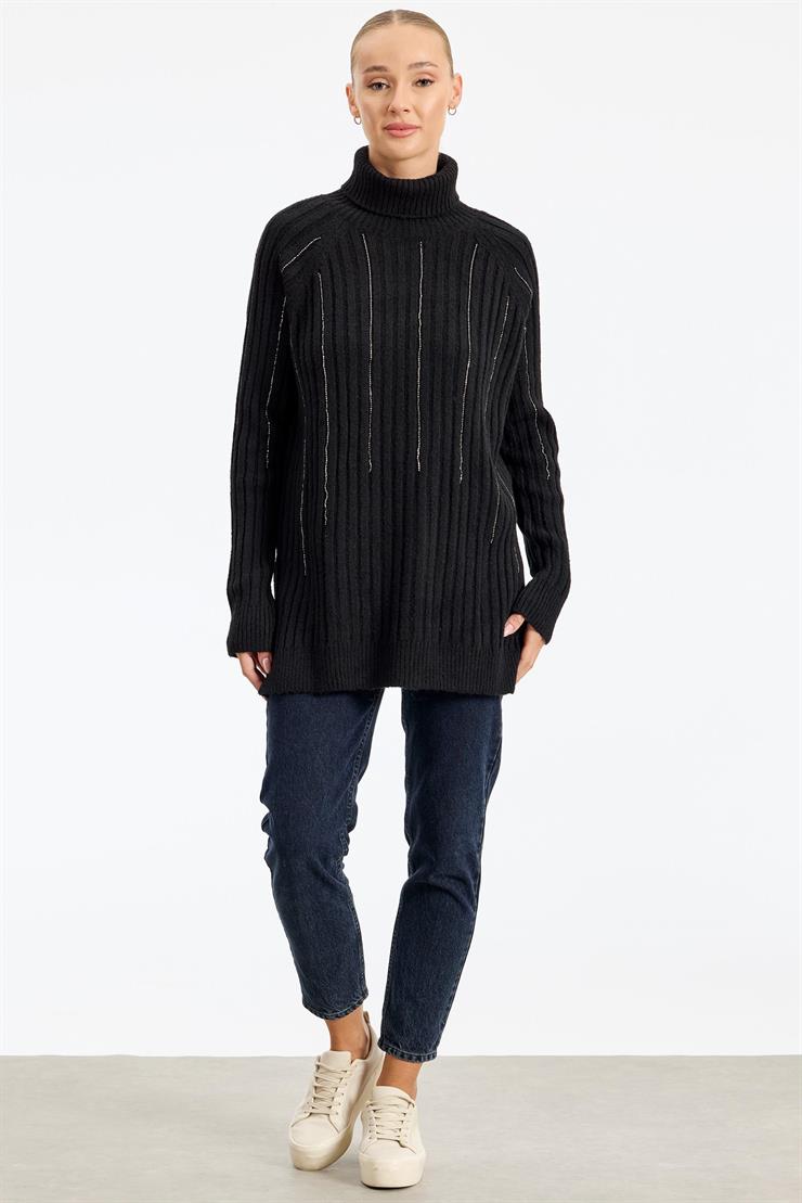 Reglan Kollu Fitilli Triko Tunik SİYAH