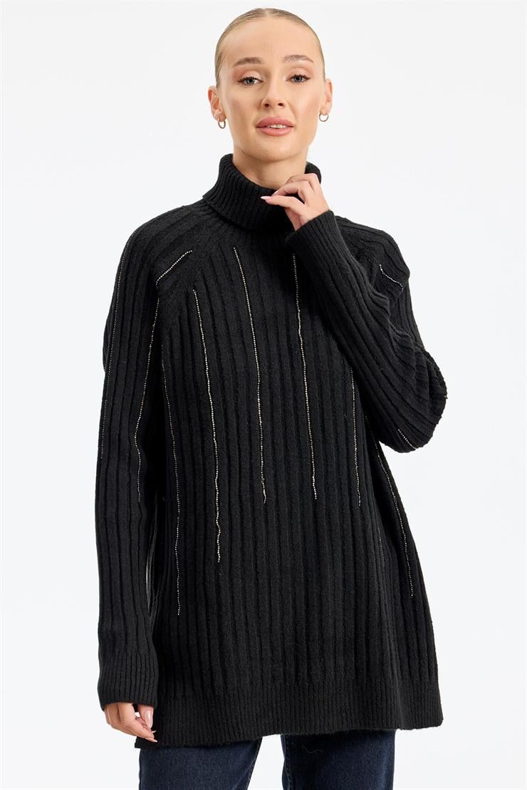 Reglan Kollu Fitilli Triko Tunik SİYAH