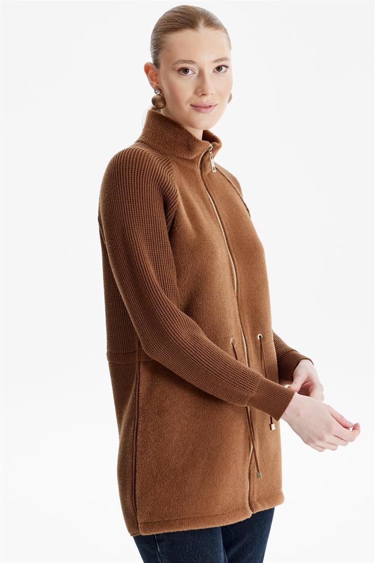 Reglan Kollu Triko Kombinli Mont AÇIK KAHVE