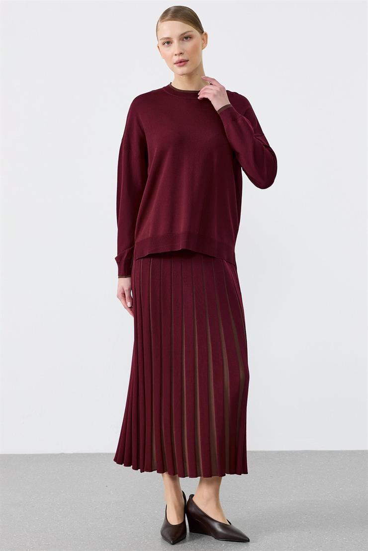 Renk Bloklu Etekli Bluz Rayon Takım BORDO