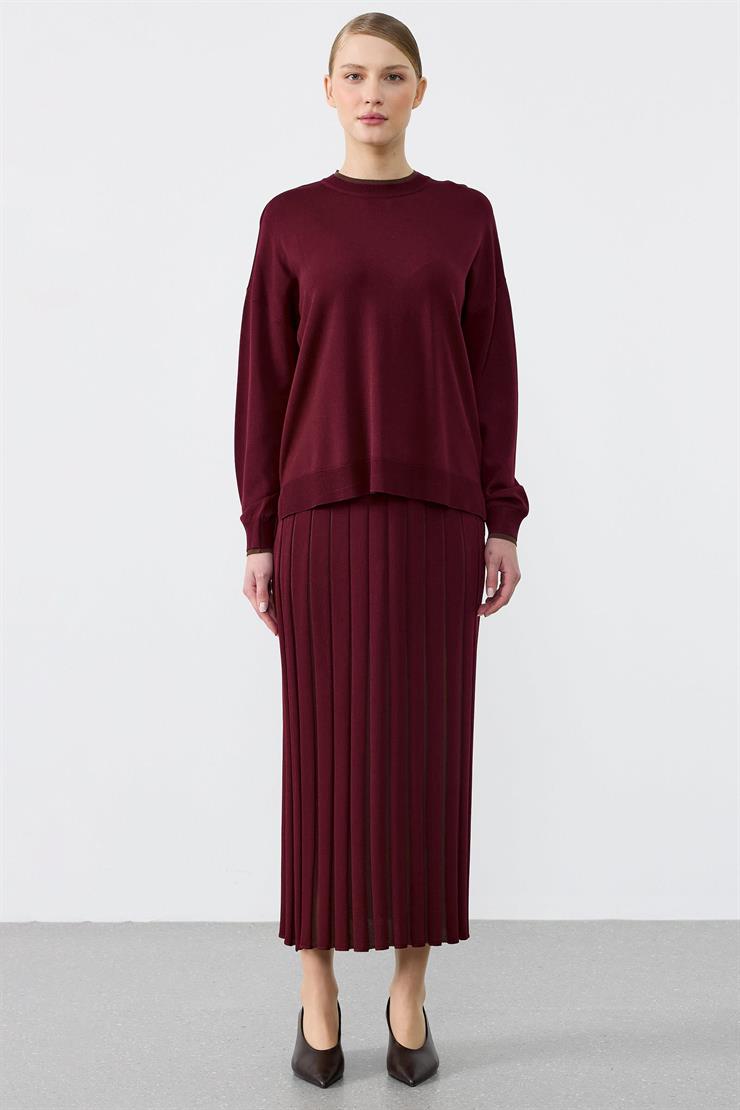 Renk Bloklu Etekli Bluz Rayon Takım BORDO