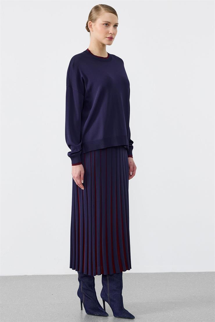 Renk Bloklu Etekli Bluz Rayon Takım LACİVERT
