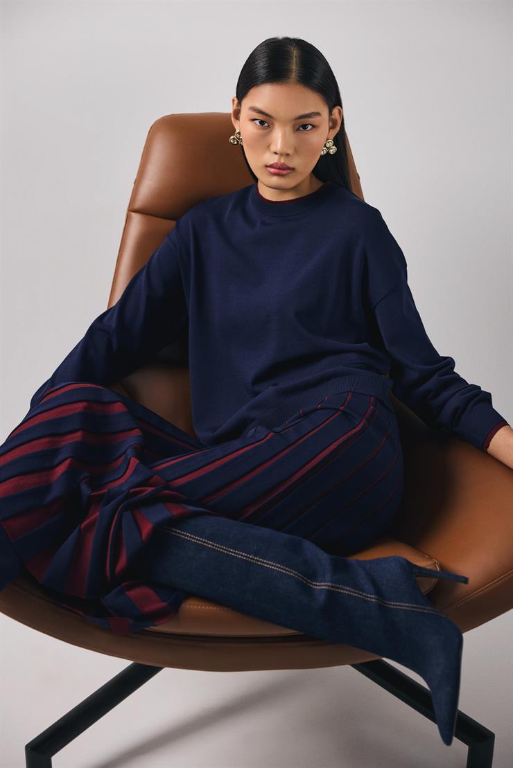 Renk Bloklu Etekli Bluz Rayon Takım LACİVERT