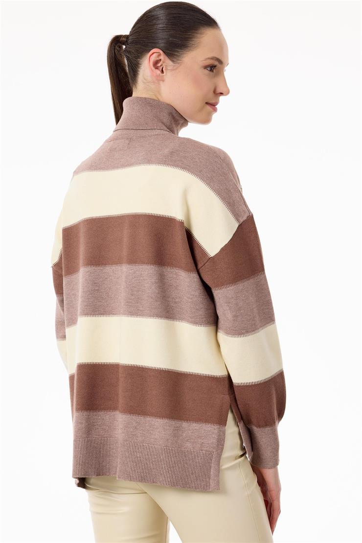 Renkli Çizgili Payet Şeritli Triko Bluz CAMEL