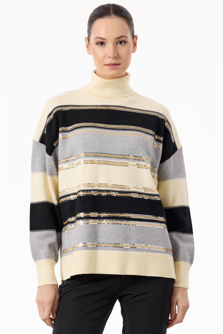 Renkli Çizgili Payet Şeritli Triko Bluz EKRU