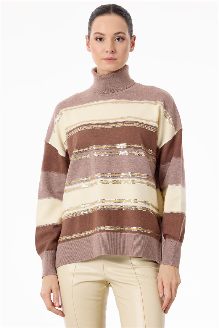 Renkli Çizgili Payet Şeritli Triko Bluz CAMEL