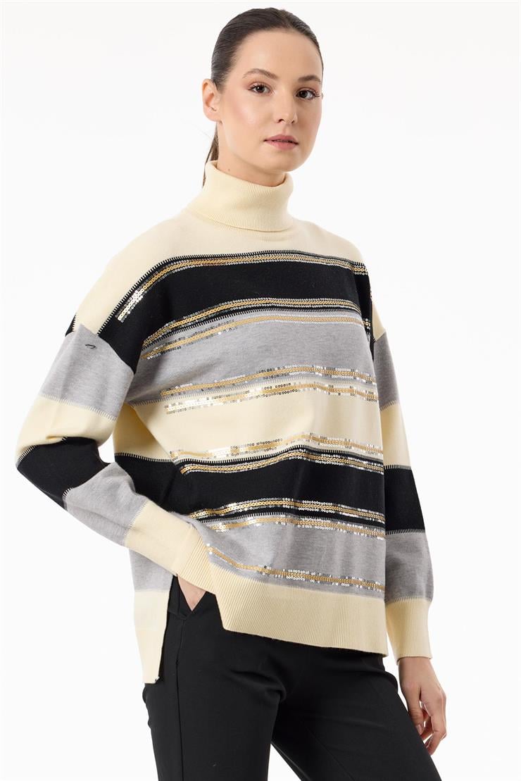 Renkli Çizgili Payet Şeritli Triko Bluz EKRU