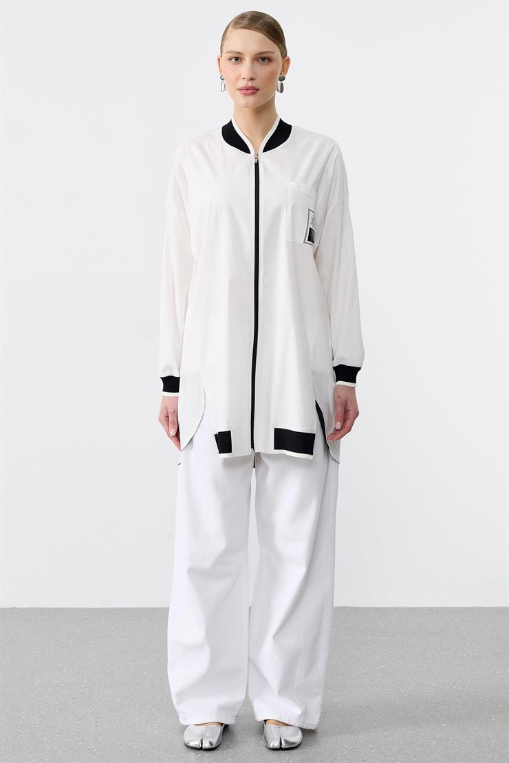 Ribanaları Çizgili Cebi Aksesuarlı Fermuarlı Gömlek EKRU