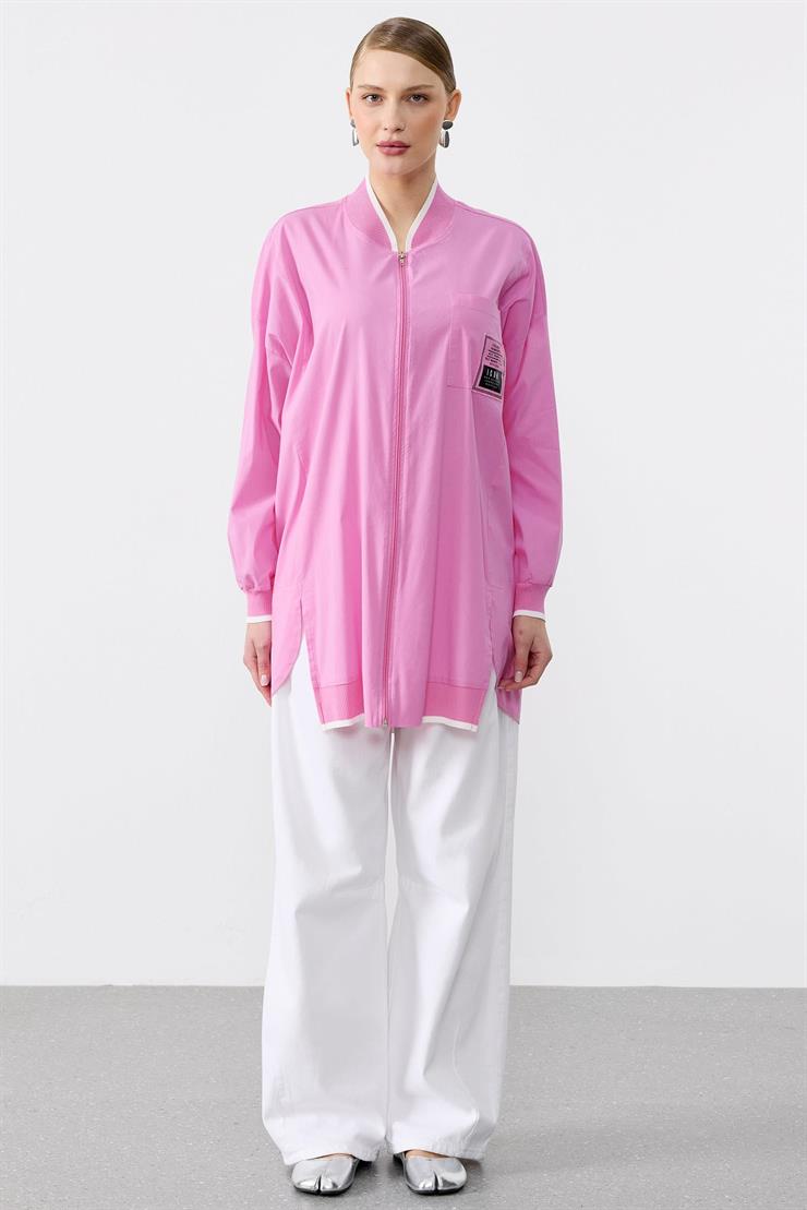 Ribanaları Çizgili Cebi Aksesuarlı Fermuarlı Gömlek PEMBE