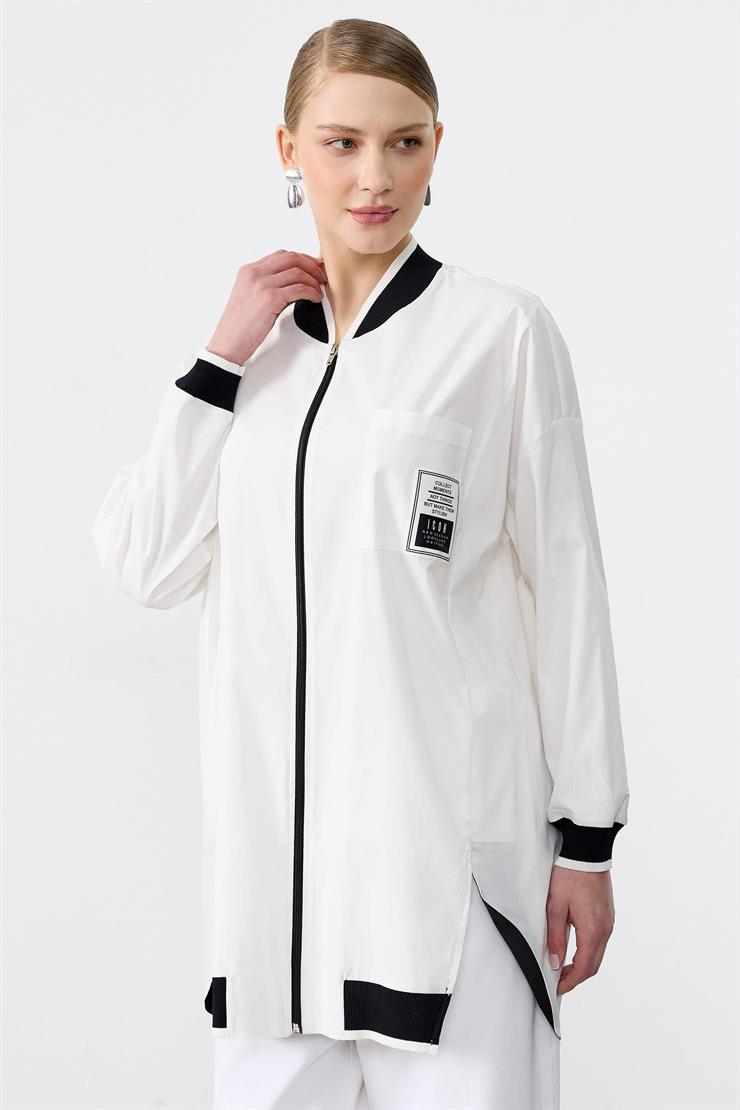 Ribanaları Çizgili Cebi Aksesuarlı Fermuarlı Gömlek EKRU