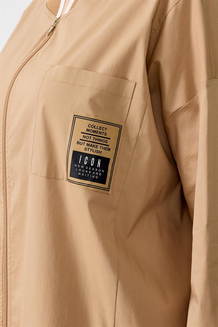 Ribanaları Çizgili Cebi Aksesuarlı Fermuarlı Gömlek CAMEL