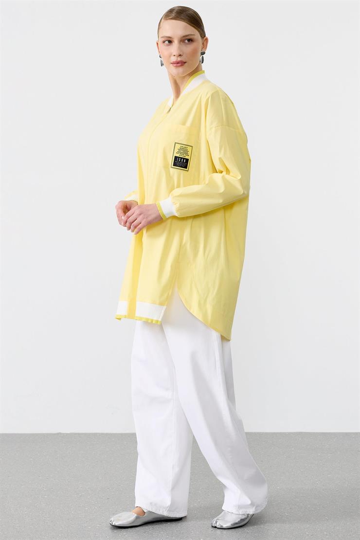 Ribanaları Çizgili Cebi Aksesuarlı Fermuarlı Gömlek SARI