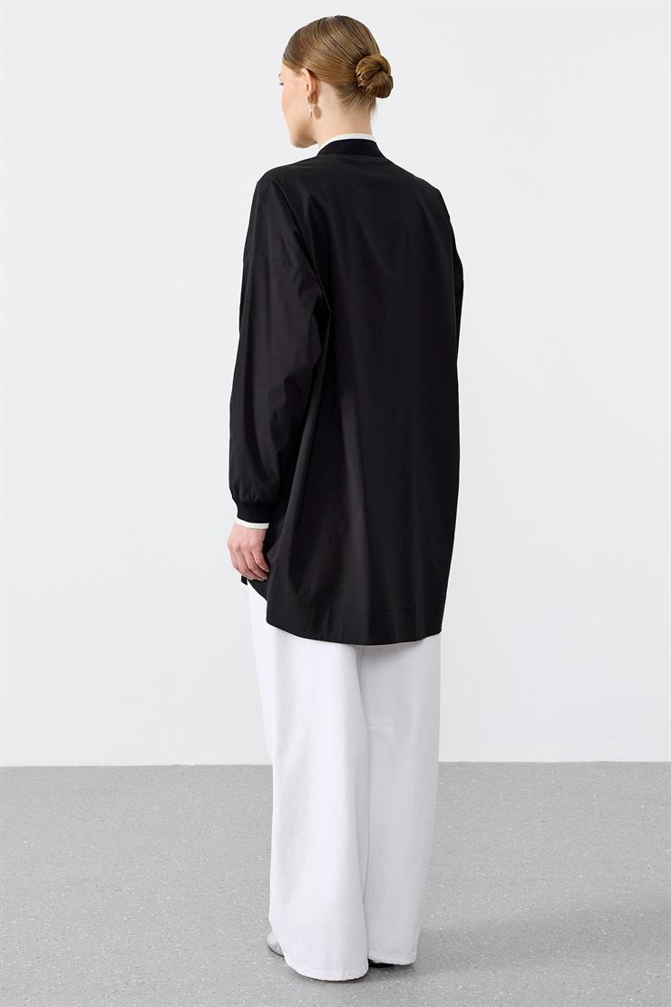 Ribanaları Çizgili Cebi Aksesuarlı Fermuarlı Gömlek SİYAH