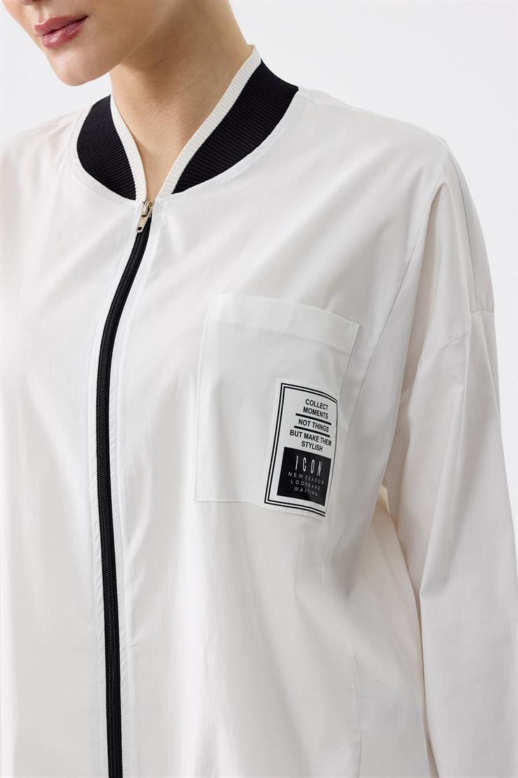 Ribanaları Çizgili Cebi Aksesuarlı Fermuarlı Gömlek EKRU