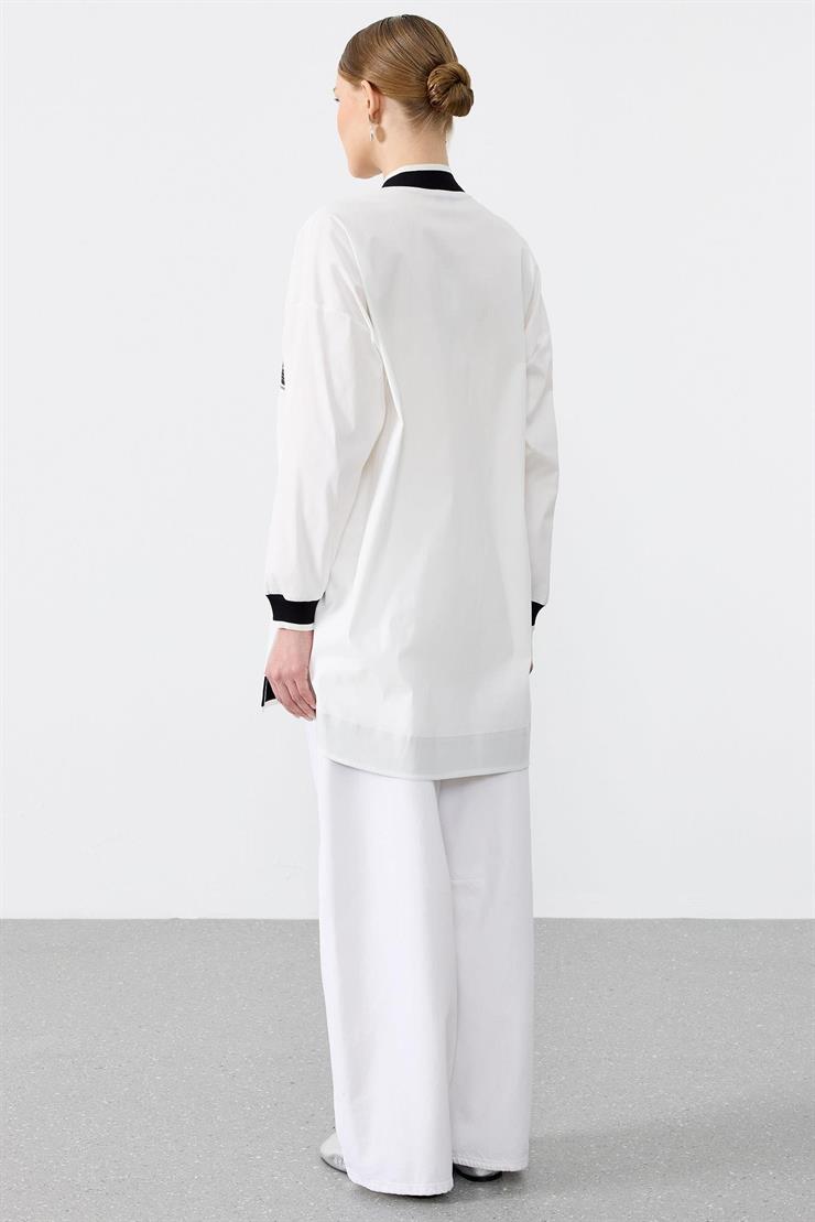 Ribanaları Çizgili Cebi Aksesuarlı Fermuarlı Gömlek EKRU