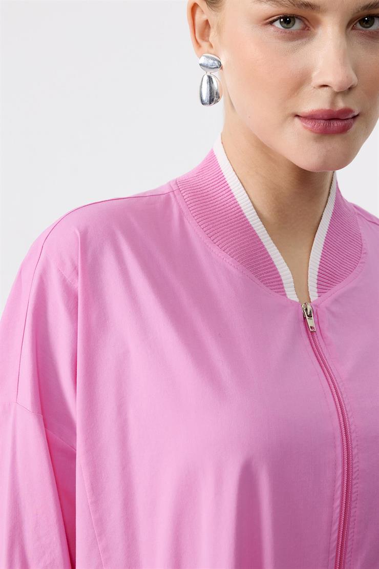 Ribanaları Çizgili Cebi Aksesuarlı Fermuarlı Gömlek PEMBE