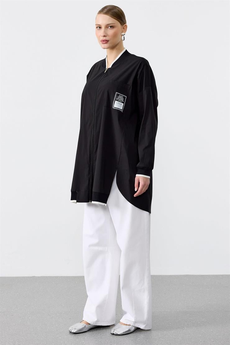 Ribanaları Çizgili Cebi Aksesuarlı Fermuarlı Gömlek SİYAH