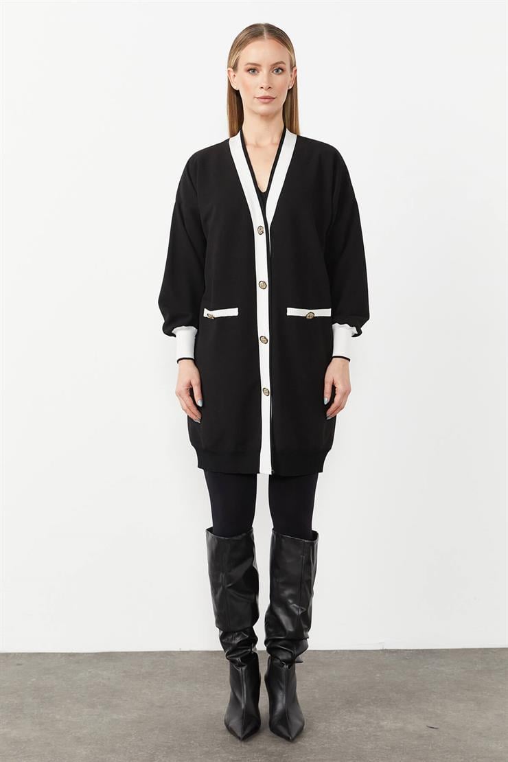 Ribanalı Düğme Detaylı Hırka-SİYAH