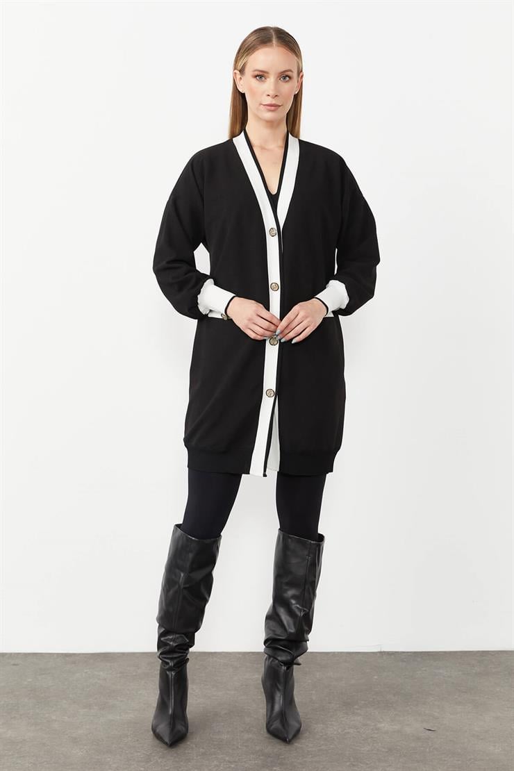 Ribanalı Düğme Detaylı Hırka-SİYAH
