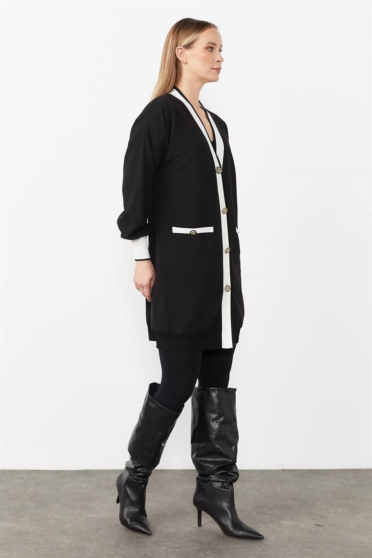 Ribanalı Düğme Detaylı Hırka-SİYAH